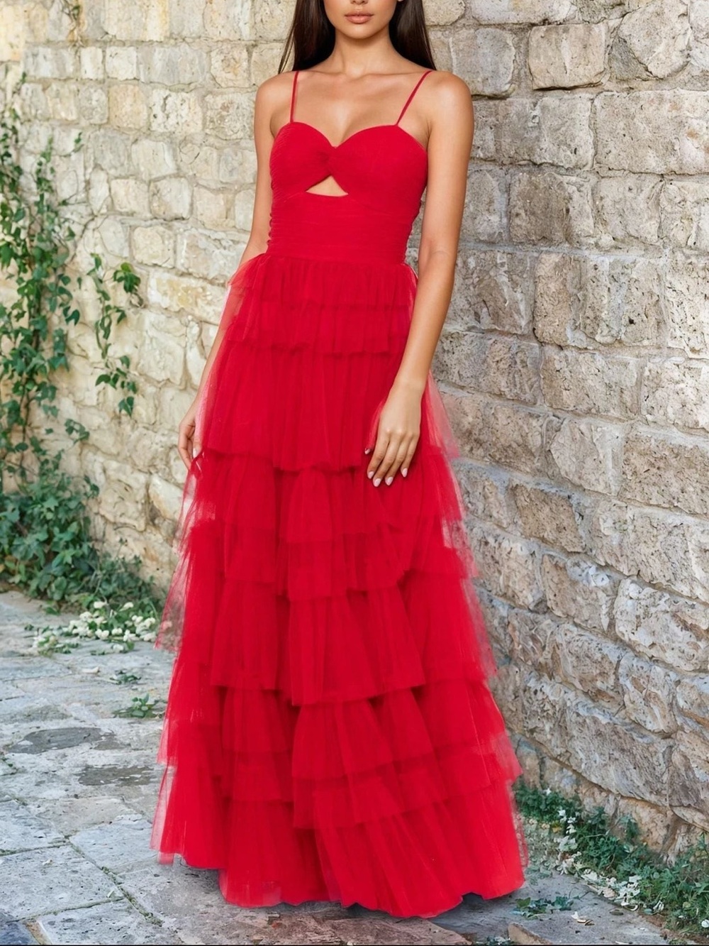 Blondie Nites "TYLER" LONG MESH TIERED SPAGHETTI STRAP GOWN